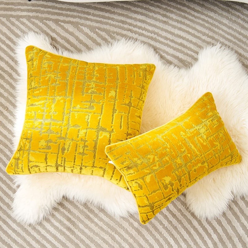 Alerfa Square Geometrical Plaid Striped Cut Velvet Throw Pillow Cover 20x20 Inch Luxury Modern Decorative Accent Pillow Cover for Couch Living Room Bedroom, Yellow - Image 5